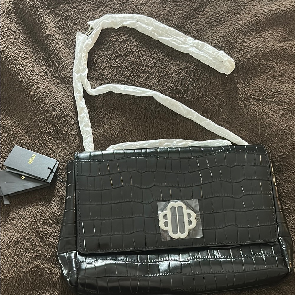 Maje Black Textured Shoulder Bag with Silver Detail